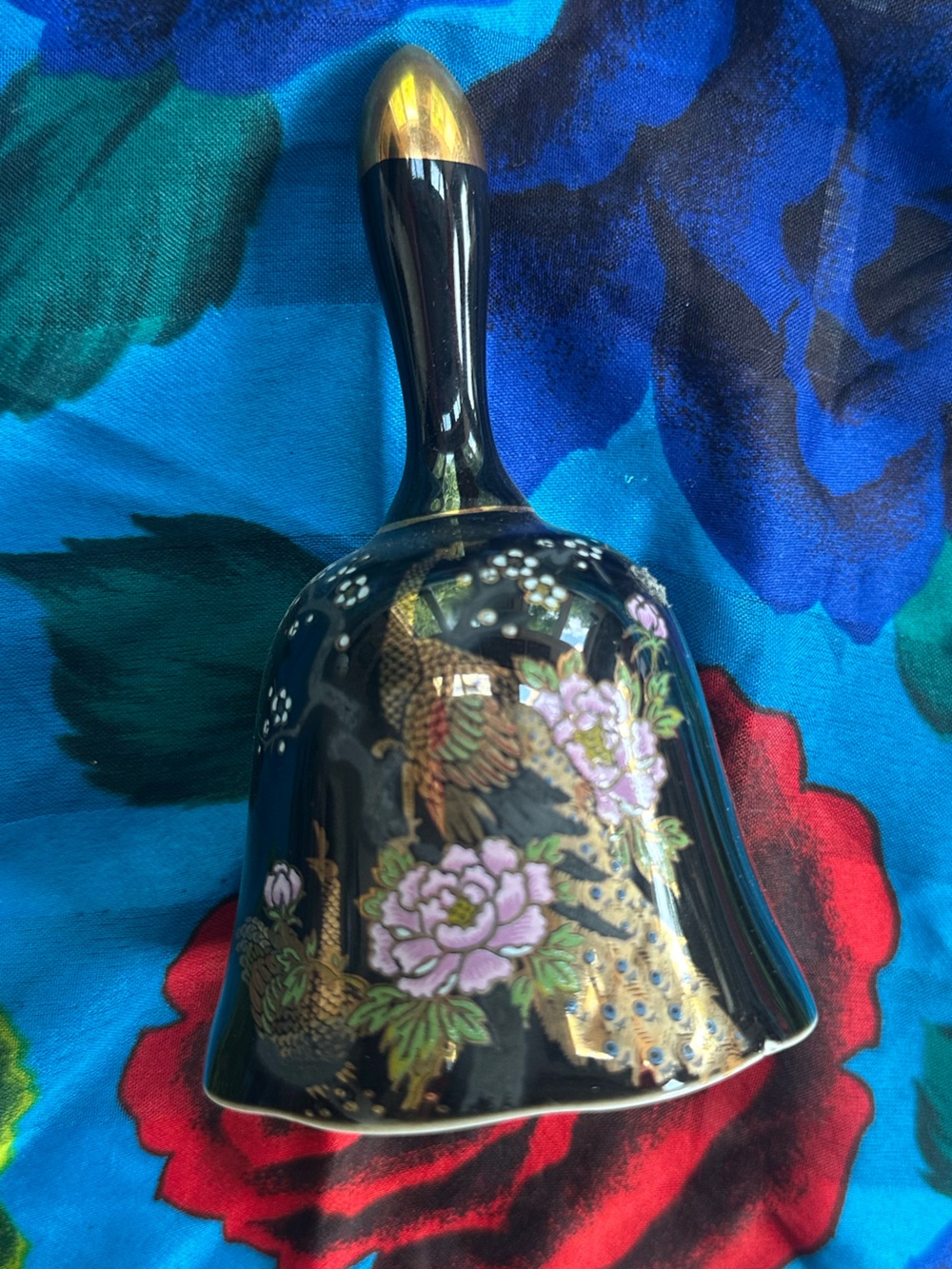 Japanese Porcelain Black Floral Handheld Decorative Bell